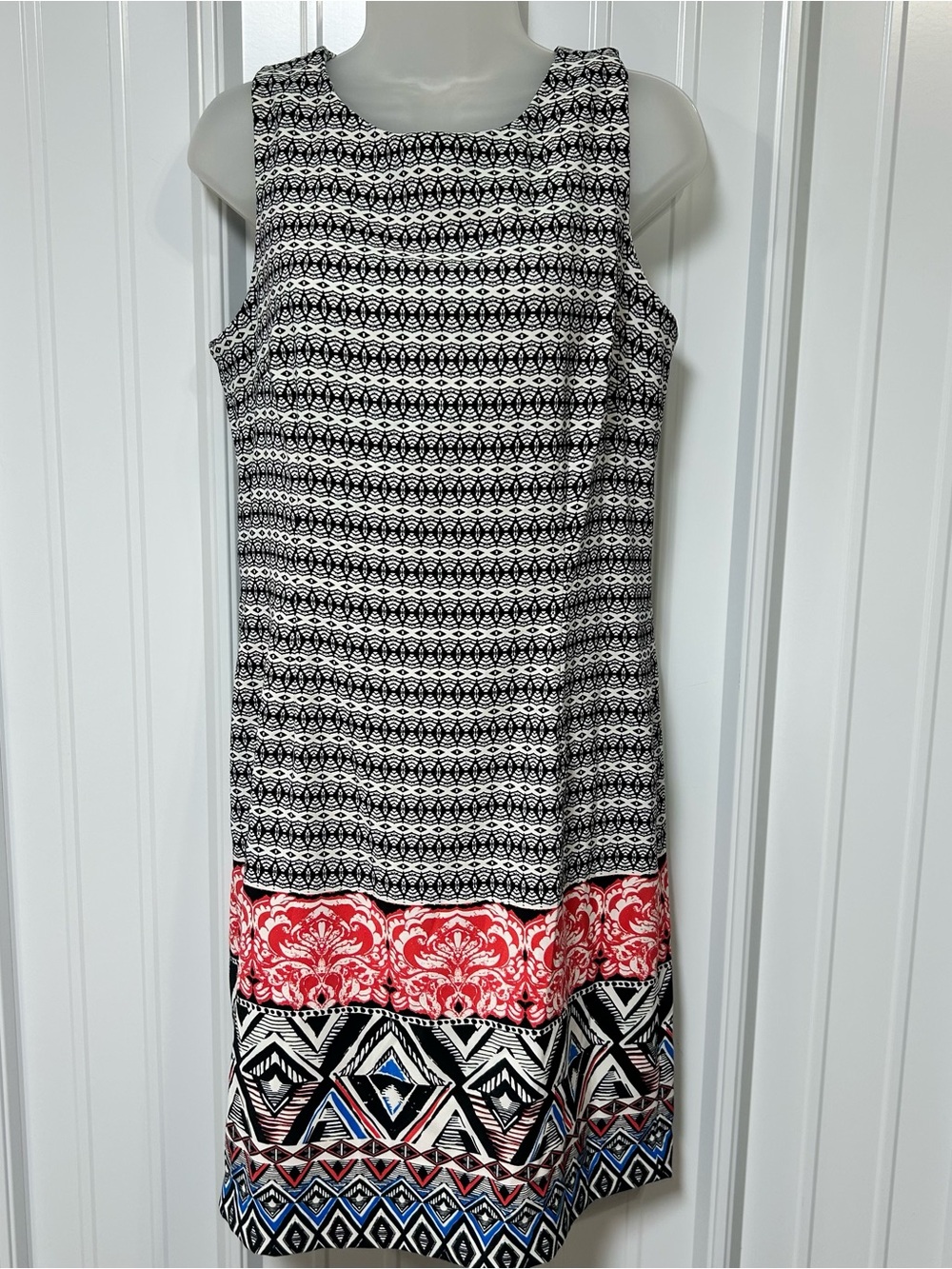 Mario Serrani Black & White Geometric Midi Dress with Red Accent